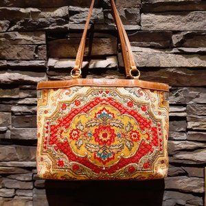 VINTAGE ISABELLA FIORE Tapestry beads leather luxurious autumn tote bag